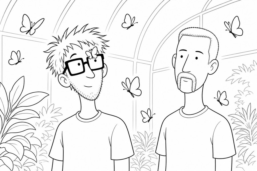 Silas and Wallace in a butterfly conservatory